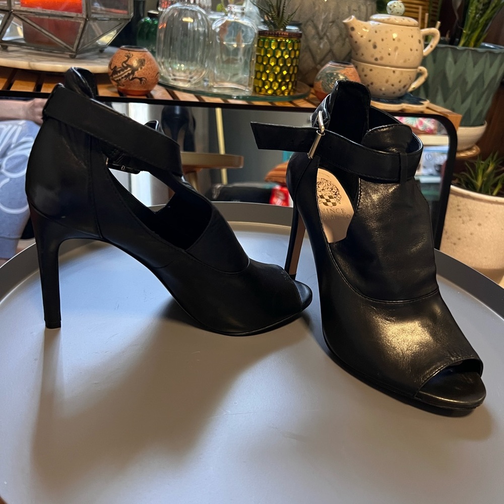 Vince Camuto Black Leather Peep-Toe Ankle-Strap Stilettos - Picture 8 of 16